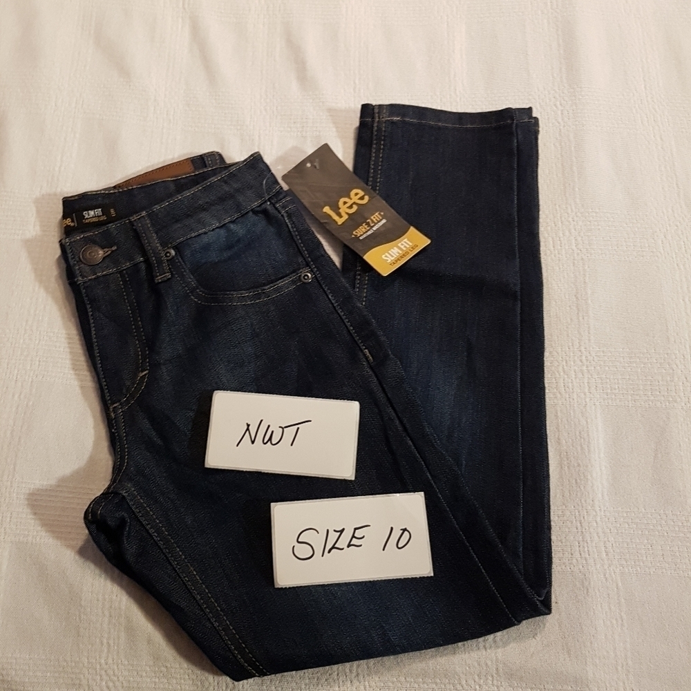 Lee boys size 10 slim fit tapered leg dark wash jeans, adjustable waist New